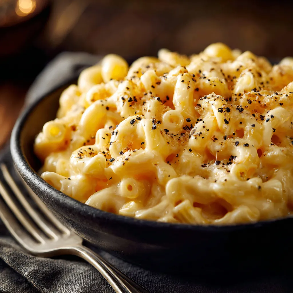 Close-up of creamy mac and cheese in a bowl, featuring melted cheeses and elbow macaroni.