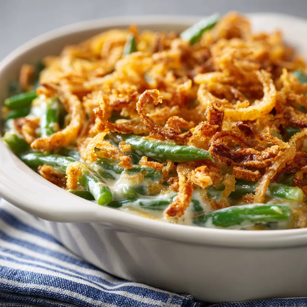 Close-up shot of a green bean casserole topped with crispy fried onions.