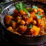 Close-up of sweet potato and chickpea curry in a bowl, showing rich colors and textures.