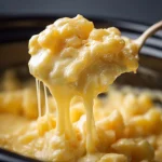 Close-up of creamy Crockpot Mac and Cheese topped with melted cheese.