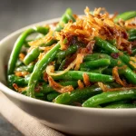 Close-up of a creamy green bean casserole in a Crock Pot, with golden crispy onions on top.