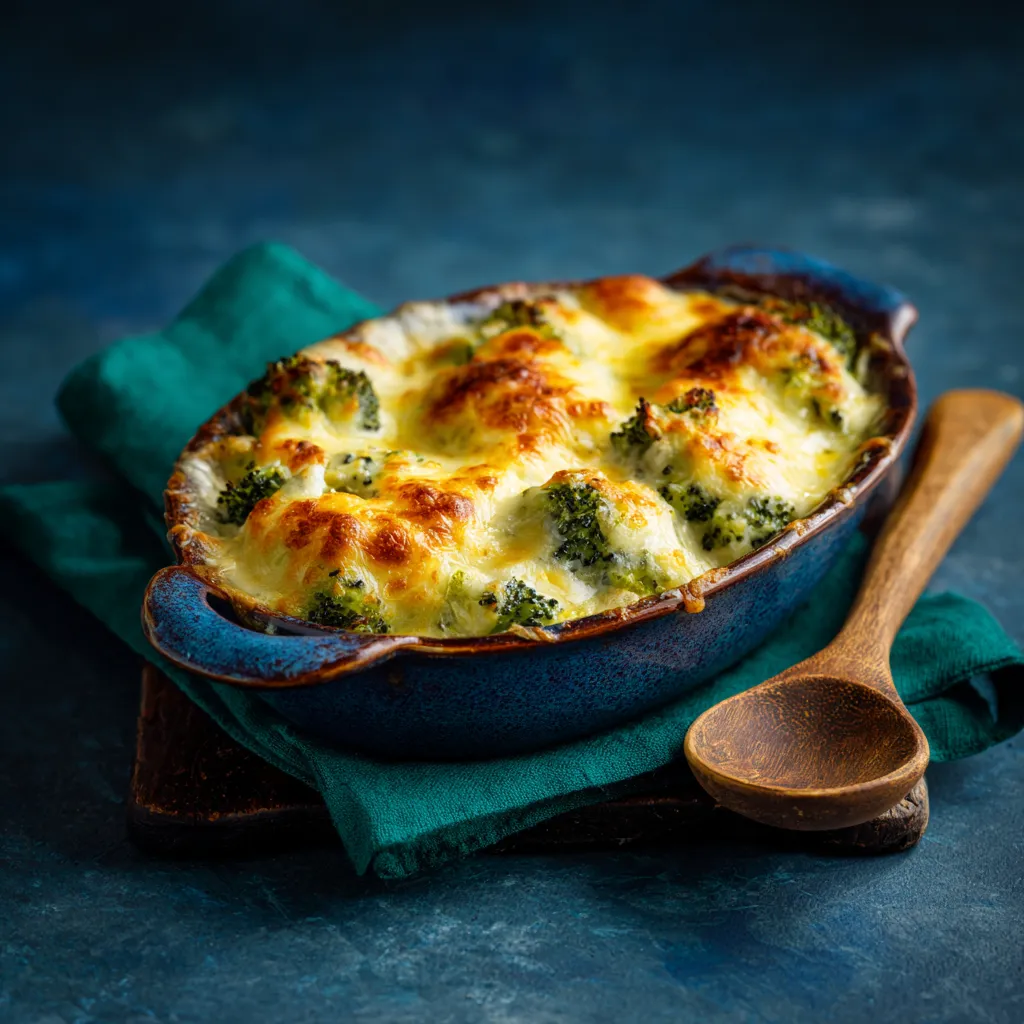 Close-up of a Broccoli Cheese Rice Casserole with golden cheese and fresh broccoli.