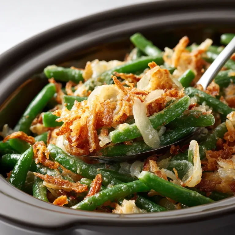 Close-up of a creamy green bean casserole topped with crispy fried onions, lit by soft natural light.