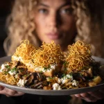 Close-up of a creamy green bean casserole topped with crispy fried onions.
