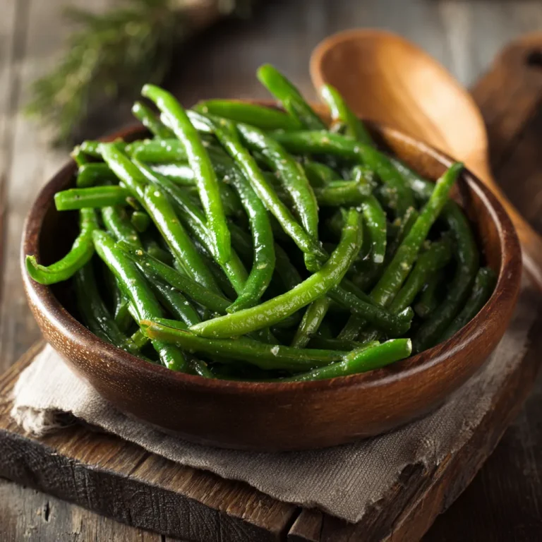 Close-up shot of vibrant green beans in a crockpot, garnished with parsley.