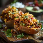 Close-up of a taco stuffed sweet potato topped with cheese, avocado, and cilantro, illuminated by warm natural light.