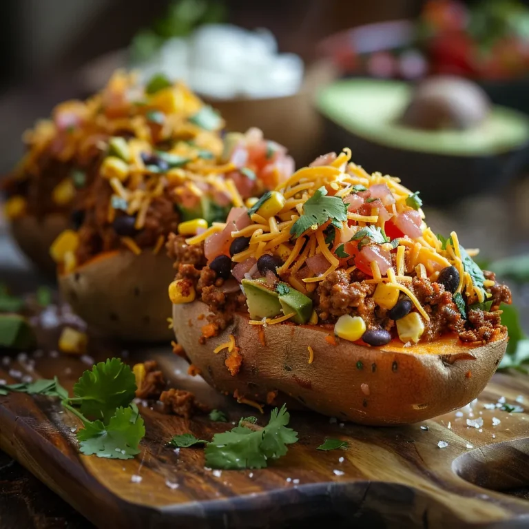 Close-up of a taco stuffed sweet potato topped with cheese, avocado, and cilantro, illuminated by warm natural light.