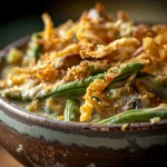 Close-up of a savory green bean casserole in a crockpot, featuring crispy fried onions on top.