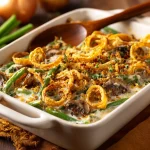 Close-up of a golden-brown Green Bean Casserole topped with crispy fried onions.