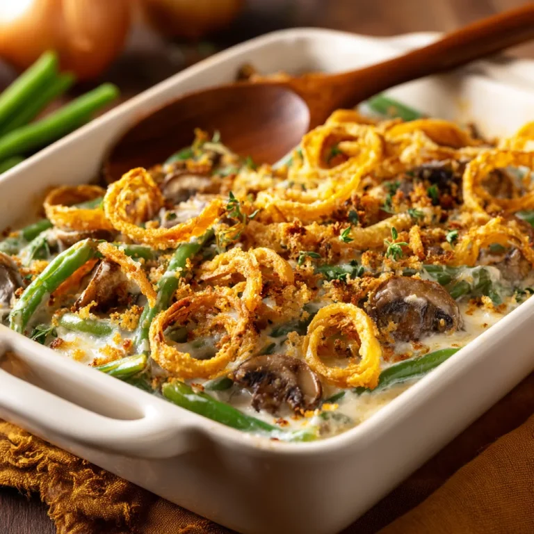 Close-up of a golden-brown Green Bean Casserole topped with crispy fried onions.