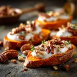 Close-up of roasted sweet potatoes drizzled with maple Dijon sauce, garnished with parsley.
