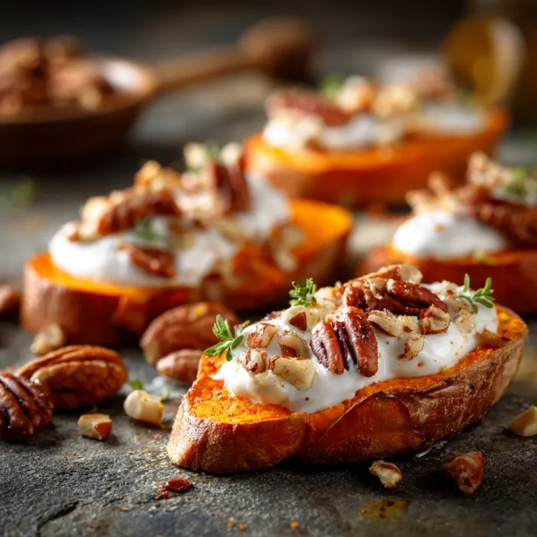 Close-up of roasted sweet potatoes drizzled with maple Dijon sauce, garnished with parsley.