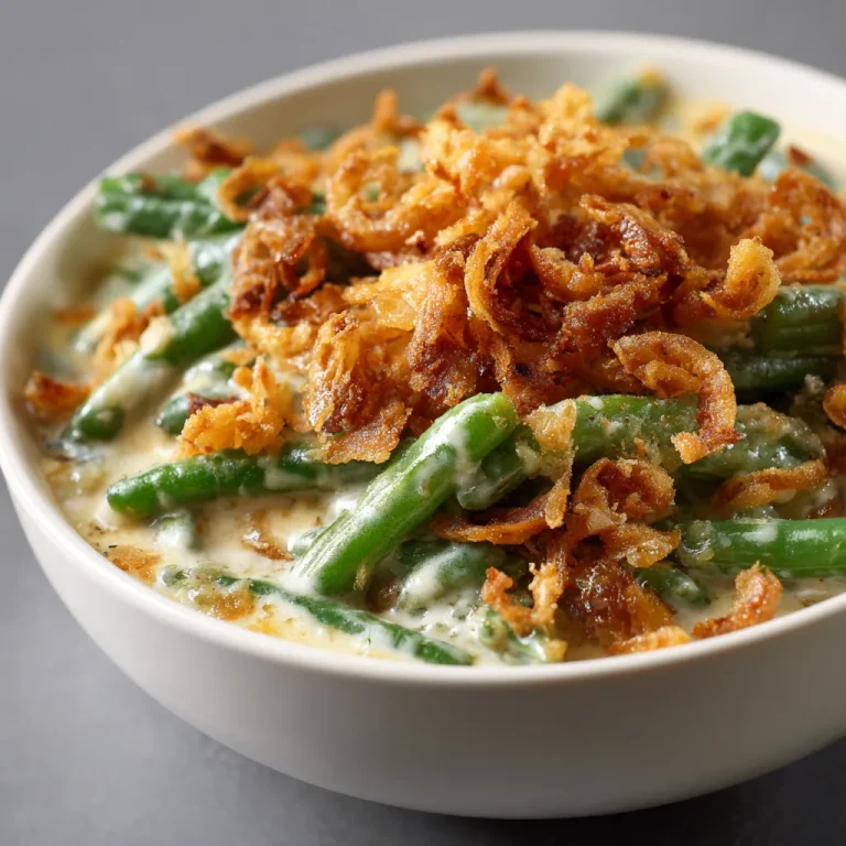 A close-up view of a creamy Southern Green Bean Casserole topped with crispy fried onions, showcasing its texture and color.