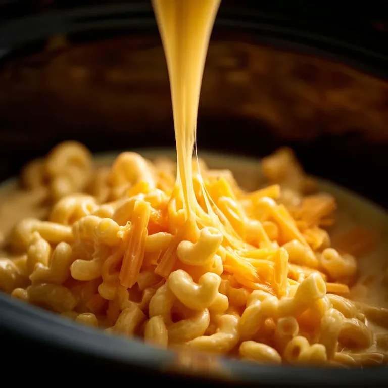 Close-up shot of creamy Crockpot Mac and Cheese with a golden crust and melted cheese.