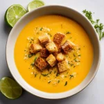 Close-up of a creamy roasted sweet potato soup in a bowl, garnished with cilantro, with soft shadows around it.