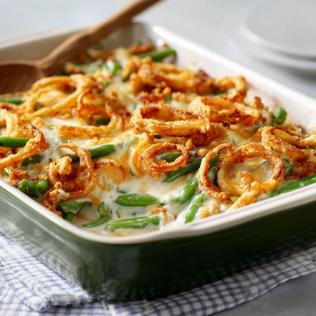 Close-up view of a baked Green Bean Casserole with crispy onion topping.