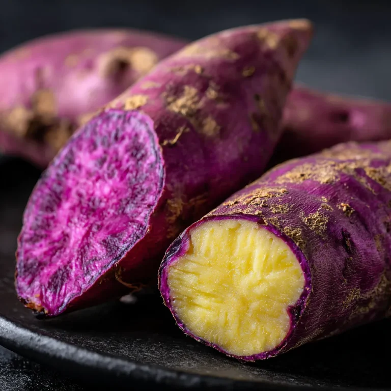 Close-up of two baked Japanese sweet potatoes with a golden-brown skin, resting on a rustic wooden surface.