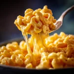 Creamy macaroni and cheese in a bowl, with melted cheese and soft shadows.