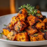 Close-up of roasted sweet potatoes drizzled with honey and sprinkled with cinnamon.