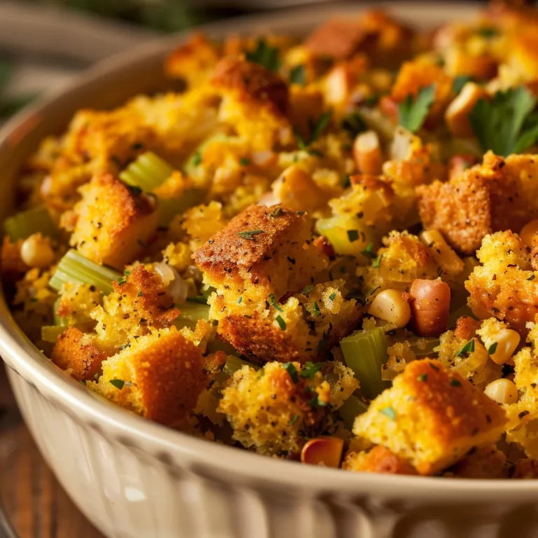 Close-up of cornbread stuffing with herbs and vegetables on a rustic wooden surface.