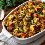 Close-up of a bowl of cornbread stuffing with herbs and vegetables.