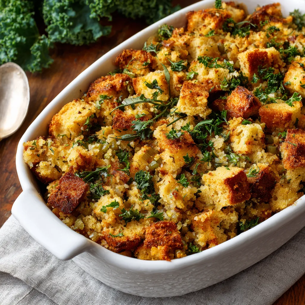 Close-up of a bowl of cornbread stuffing with herbs and vegetables.