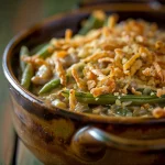 Close-up of Crockpot Green Bean Casserole topped with crispy fried onions.