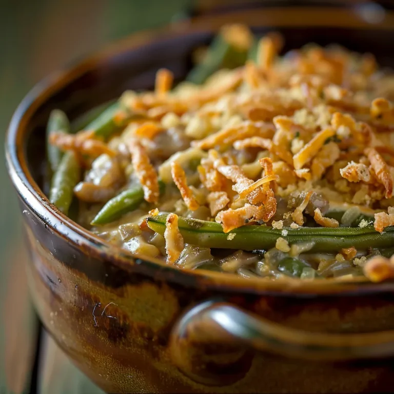 Savoring the Slow: A Green Bean Casserole Adventure That Delivers Flavor and Crunch Close-up of Crockpot Green Bean Casserole topped with crispy fried onions.