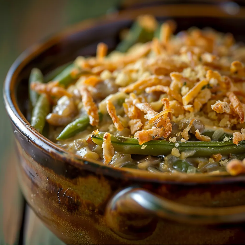 Close-up of Crockpot Green Bean Casserole topped with crispy fried onions.