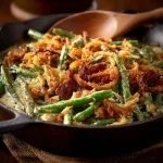 Close-up of a creamy green bean casserole with crispy onions on top, illuminated by soft natural light.