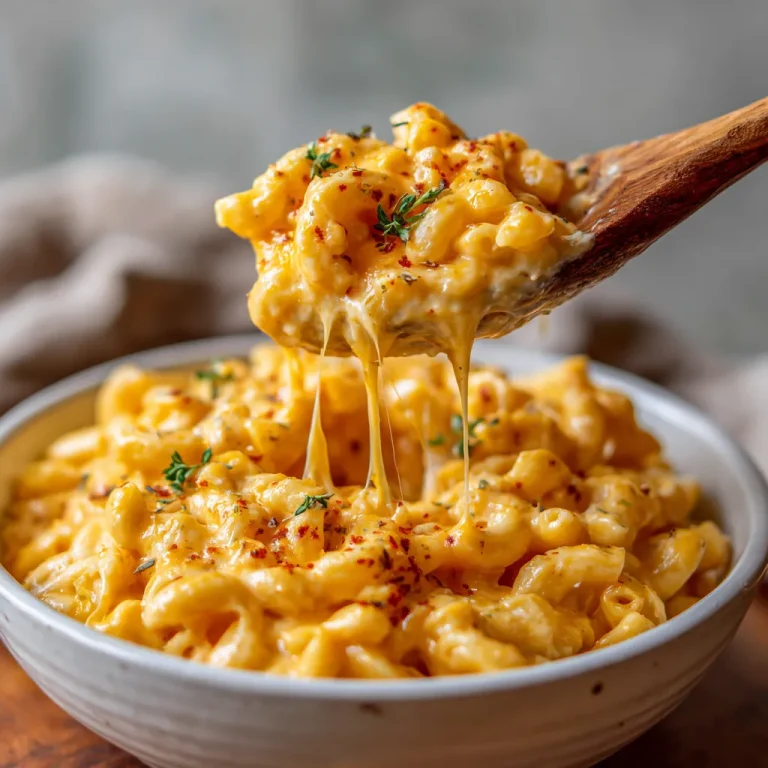 Close-up shot of creamy Crockpot Mac and Cheese in a bowl, showcasing melted cheese and macaroni.