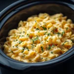 Close-up of creamy Crockpot Mac and Cheese in a rustic bowl.