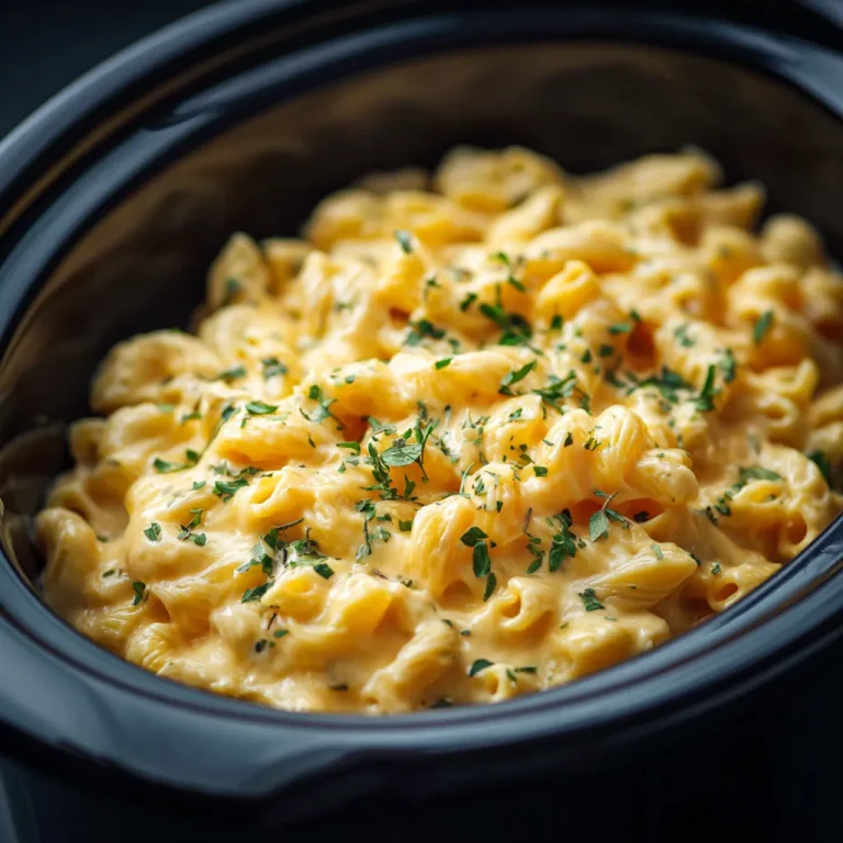 Close-up of creamy Crockpot Mac and Cheese in a rustic bowl.