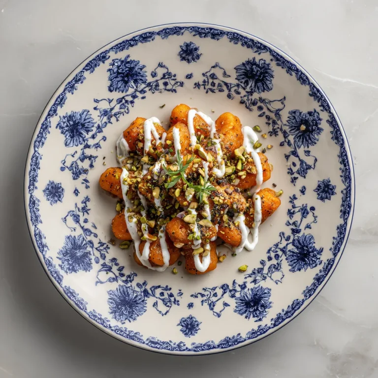 Close-up shot of soft, orange sweet potato gnocchi with a rustic blurred background.