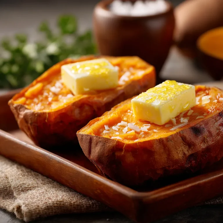 Close-up of a baked sweet potato with a golden-brown skin, showcasing its fluffy interior.