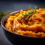 Close-up of golden-brown savory sweet potatoes garnished with fresh parsley.