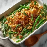 Close-up of a gluten-free green bean casserole topped with almond flour, featuring fresh green beans and mushrooms.