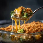 Close-up of a cheesy chicken broccoli casserole topped with stuffing, showing a golden-brown crust.