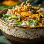 Close-up view of a Slow Cooker Amish Green Bean Casserole with golden French fried onions on top.