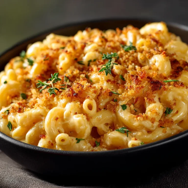 Close-up of creamy Crockpot Mac N Cheese with melted cheese on top.
