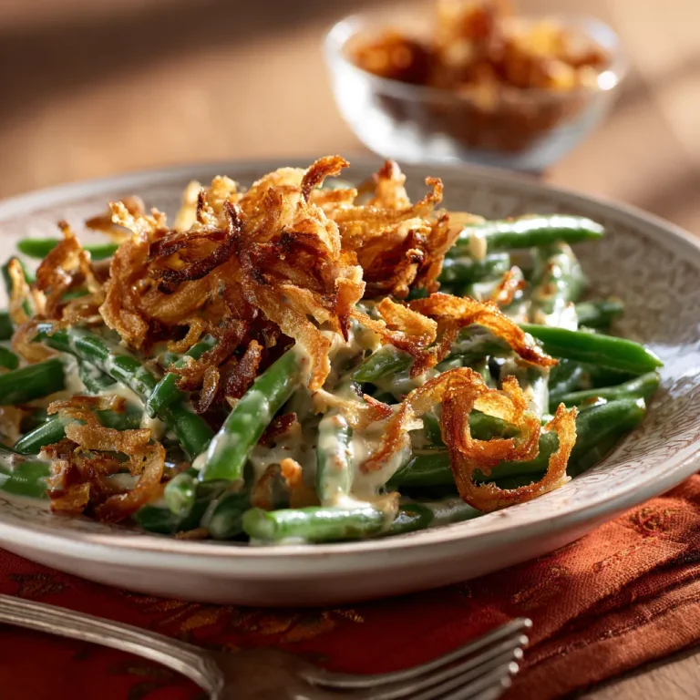 A close-up of a creamy green bean casserole topped with crispy French fried onions.