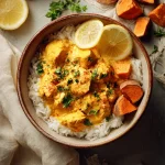 Close-up of a vibrant bowl of sweet potato curry with chickpeas, garnished with fresh cilantro.
