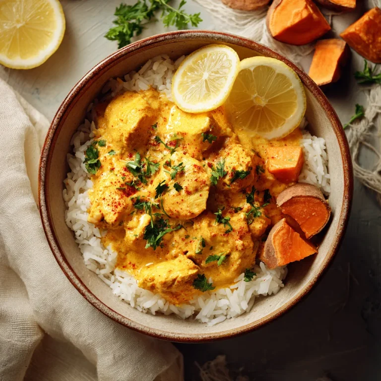 Close-up of a vibrant bowl of sweet potato curry with chickpeas, garnished with fresh cilantro.