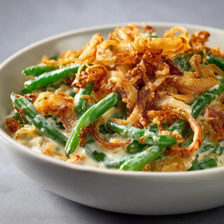 Close-up of a creamy green bean casserole topped with crispy fried onions in a dish.