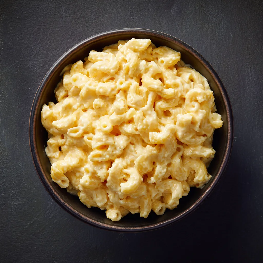 Bowl of slow cooker macaroni and cheese, showing rich cheese textures and a cozy setting.