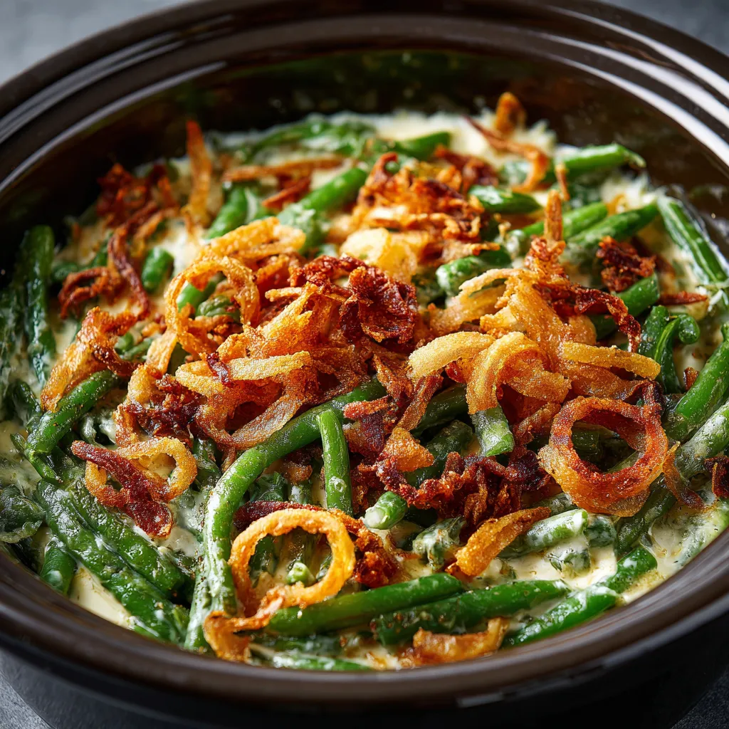 A delicious slow cooker green bean casserole with a golden-brown crust, served in a cozy kitchen setting.