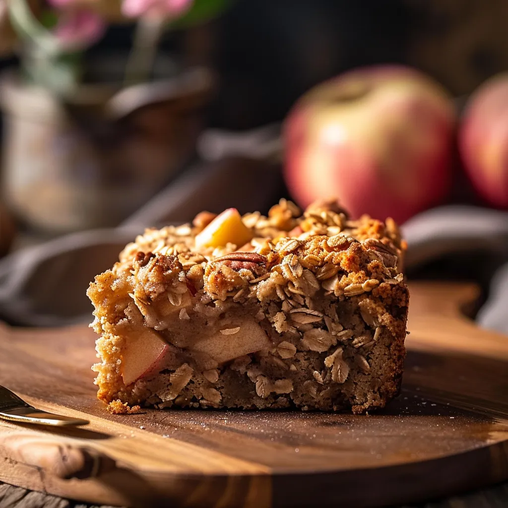 A beautifully plated Healthy Oatmeal Apple Cake, showcasing its moist texture and apple pieces, illuminated by soft natural light.