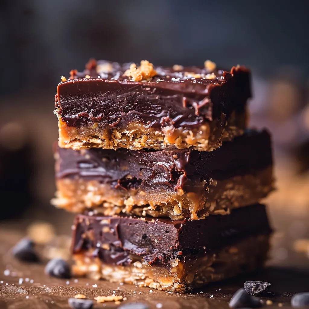 Delicious Healthy Twix Bars showcasing a smooth chocolate layer on top of a nutty base, illuminated by soft light.