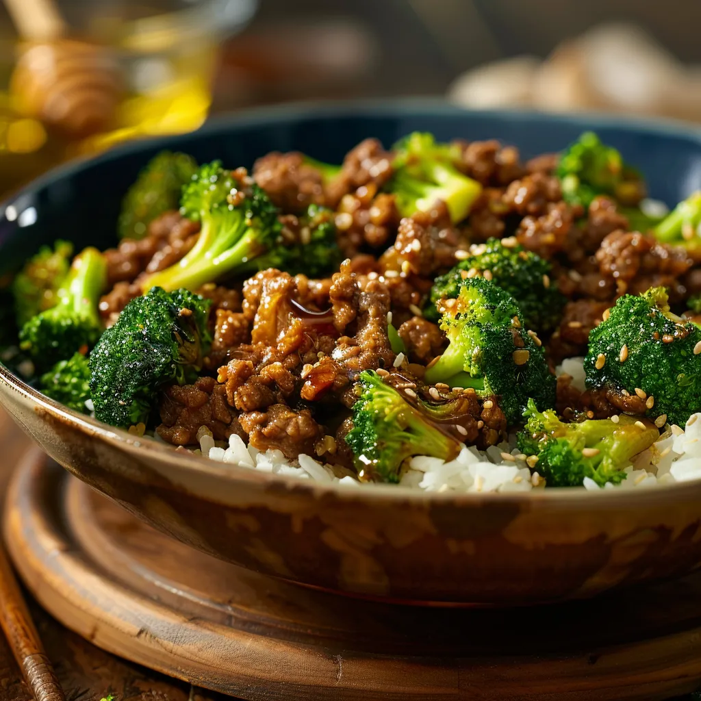 Delicious Honey Garlic Ground Beef served with broccoli, showcasing rich colors and textures.