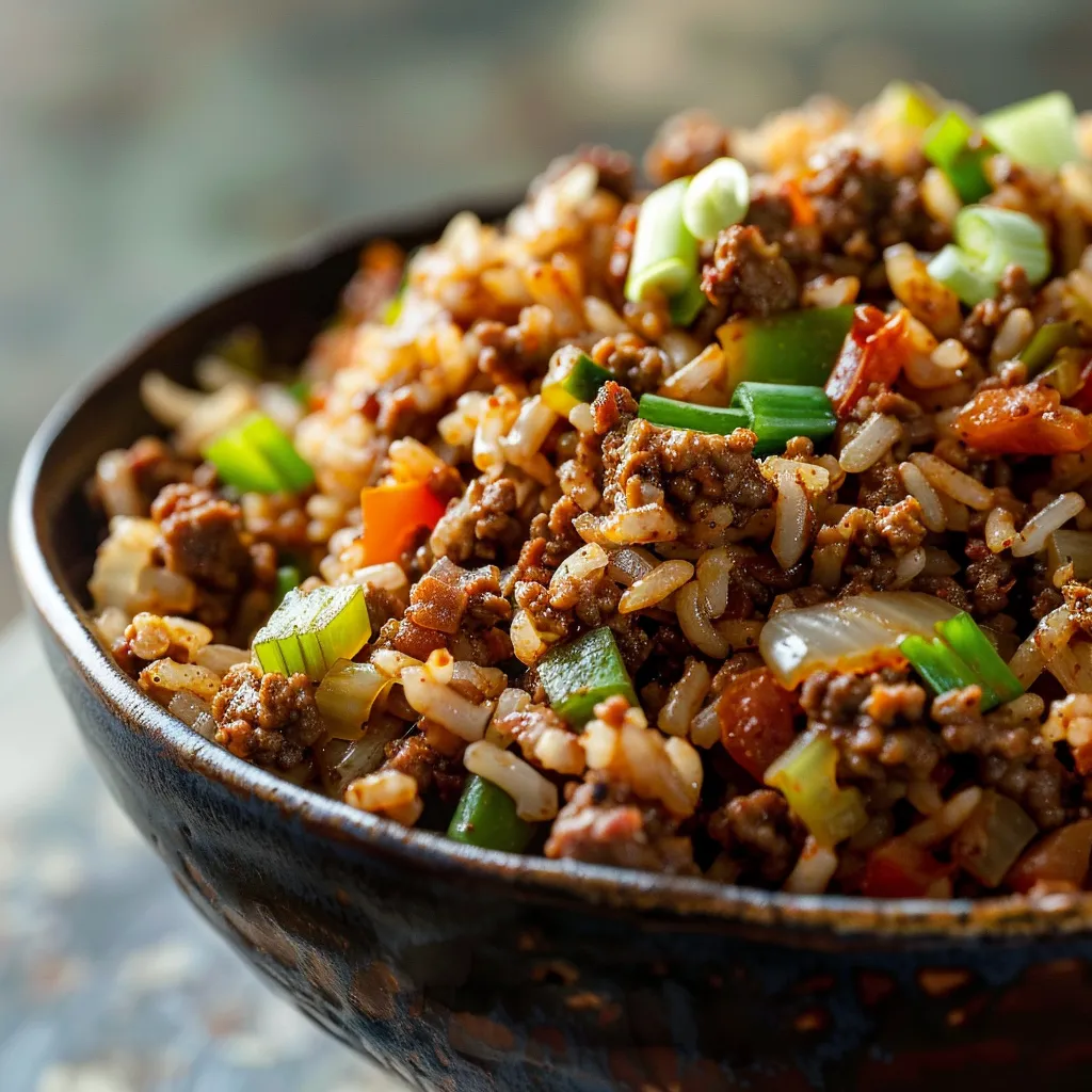 A delectable plate of Dirty Rice and Ground Beef, showcasing rich textures and warm colors under soft lighting.